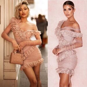 HOUSE OF CB Sorrel Blush Pink Off the Shoulder Lace Ruffle Mini Dress Large NWT